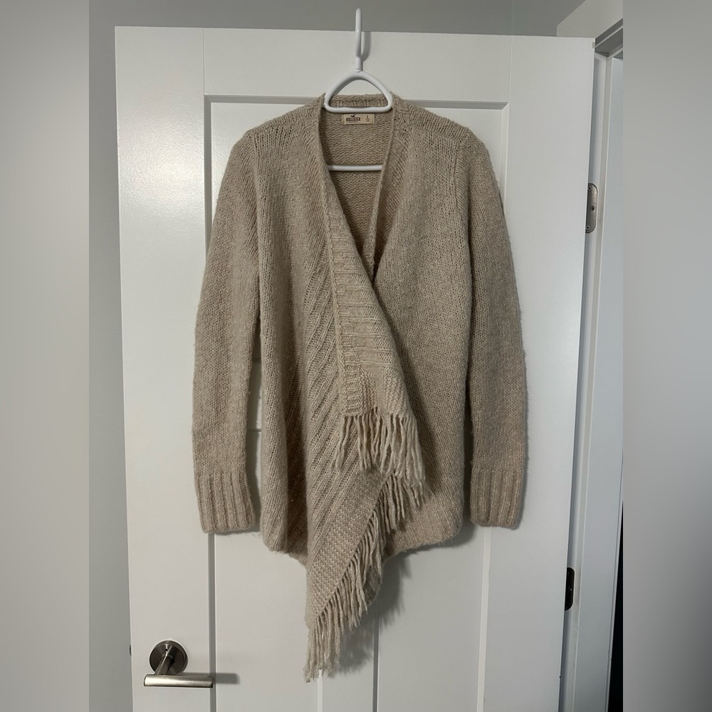 Hollister Ivory Open Front Wool Blend Fringe Cardigan Sweater Sz L